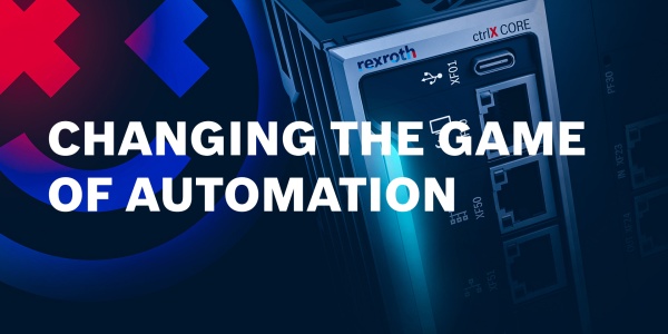 ctrlX AUTOMATION Keyvisuls with the Game Changer Smiley and the ctrlX CORE industrial controller, caption: Changing the Game of Automation
