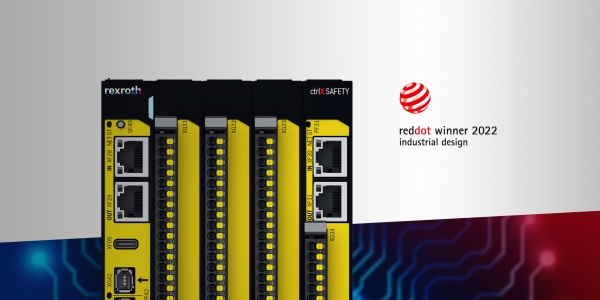 Picture of the safety control ctrlX SAFETY in the SAFEX-C-15 version for control cabinet installation. Plus the logo "reddot winner 2022".