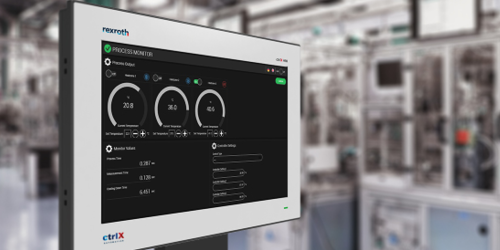 ctrlX HMI display showing a ctrlX World partner application for machine visualization, in the background a production line can be seen